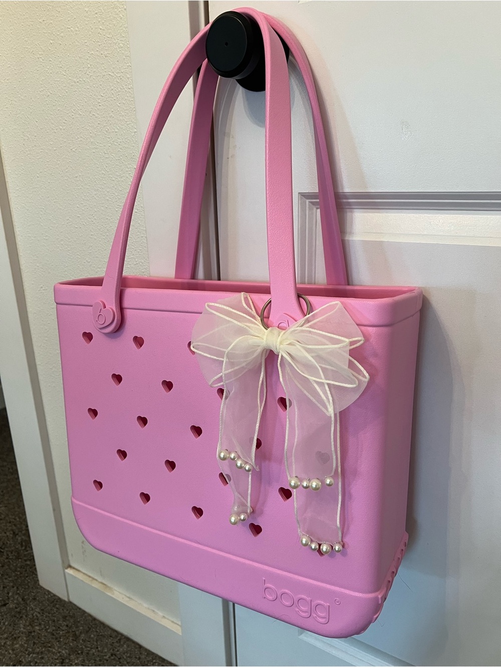 BOGG BAG Pink Taffy Cut Out Hearts Tote with Sheer Bow and Pearl Accents💕 - Picture 2 of 7